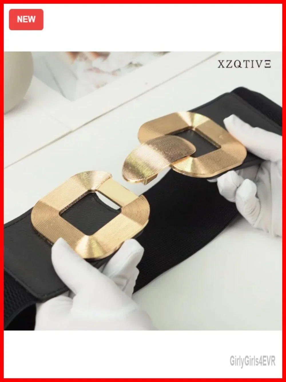 Wide Elastic Belt with Gold Metal Buckle - Stretchy Waist Belt for Dresses